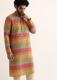 Yellow Silk Printed Kurta Set For Men