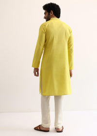 Yellow Silk Self Work Embroidered Kurta Set For Men
