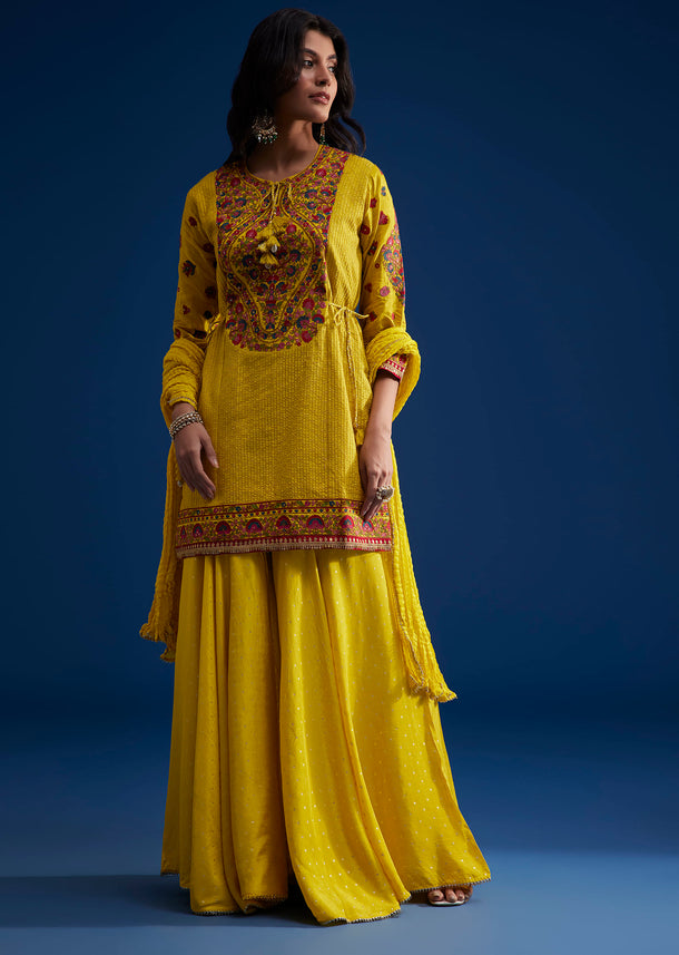 Yellow Silk Sharara Set With Gotta Lace Work