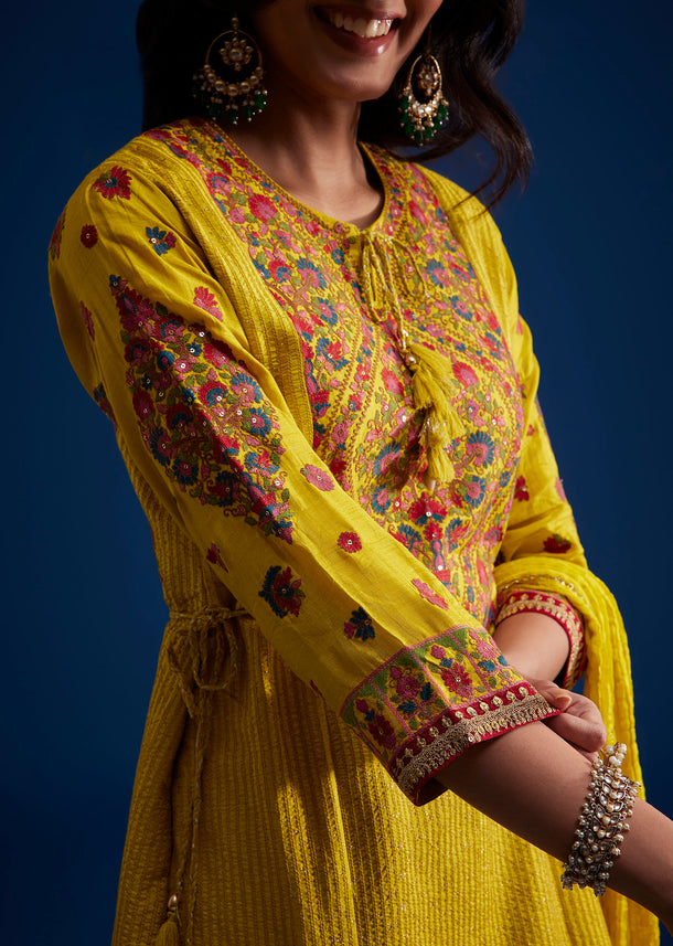 Yellow Silk Sharara Set With Gotta Lace Work