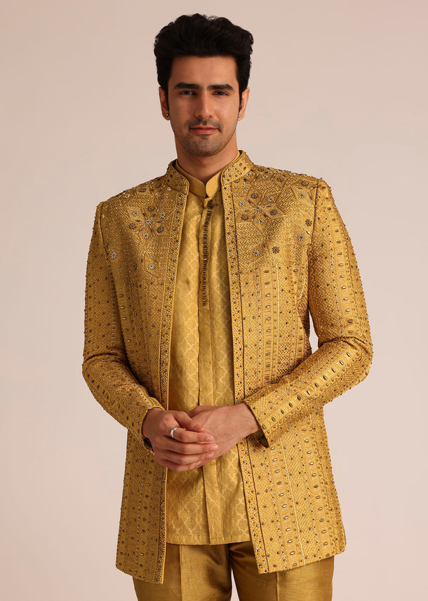 Yellow Silk Zardosi Indowestern Set