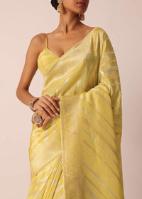 Yellow Striped Tissue Silk Saree with Unstitched Blouse Piece