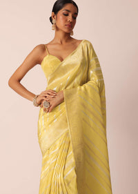 Yellow Striped Tissue Silk Saree with Unstitched Blouse Piece