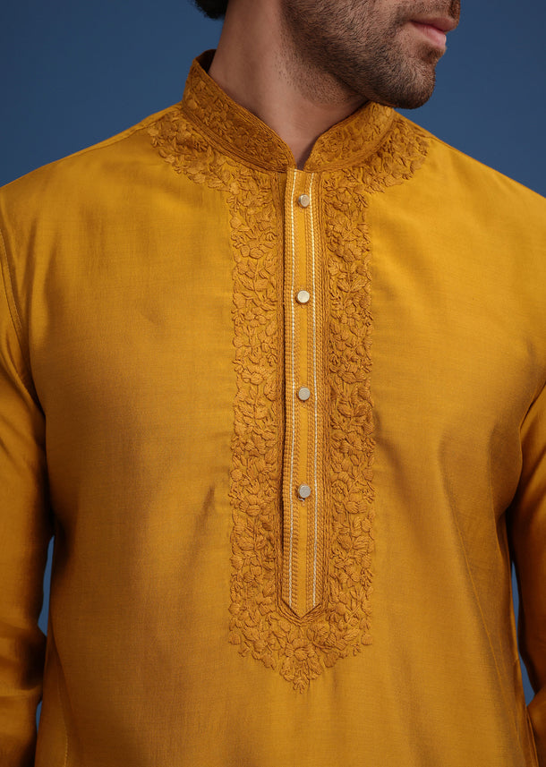 Yellow Thread Hand Embroidered Kurta Set