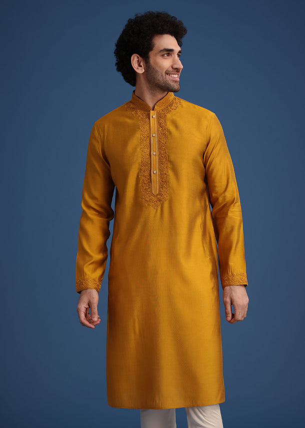 Yellow Thread Hand Embroidered Kurta Set