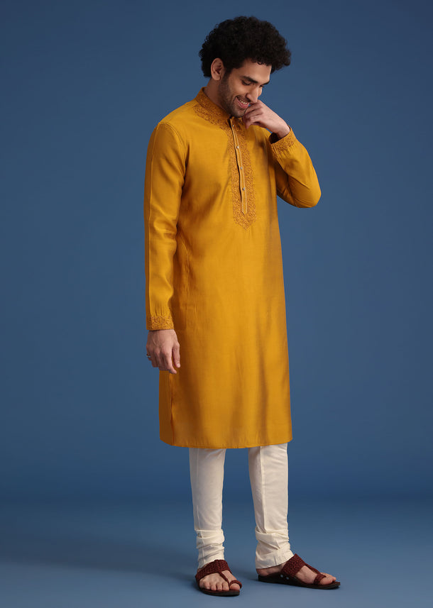 Yellow Thread Hand Embroidered Kurta Set