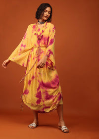 Yellow Tie-Dye Kaftan Set With Tie-Up Tassel Doris At The Front And Sides