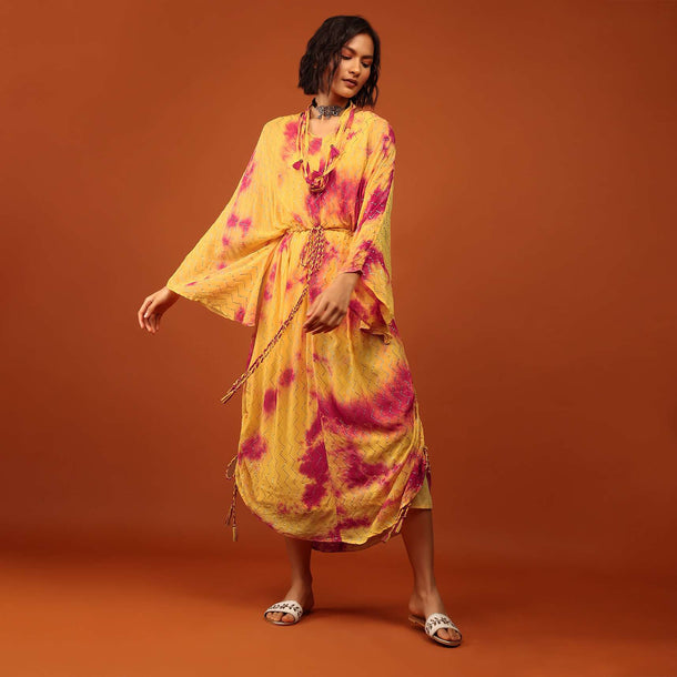 Yellow Tie-Dye Kaftan Set With Tie-Up Tassel Doris At The Front And Sides