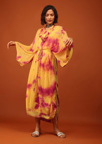 Yellow Tie-Dye Kaftan Set With Tie-Up Tassel Doris At The Front And Sides