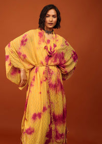 Yellow Tie-Dye Kaftan Set With Tie-Up Tassel Doris At The Front And Sides