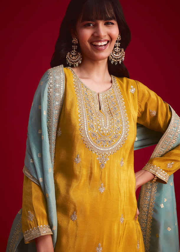 Yellow Tissue Embroidered Kurta Palazzo With Zari Border Dupatta
