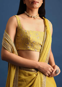 Yellow Tissue Organza Saree With Embroidered Border And Unstitched Blouse