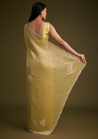 Yellow Tissue Saree With Floral Embroidery
