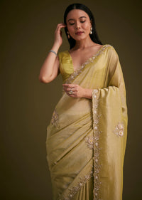 Yellow Tissue Saree With Floral Embroidery