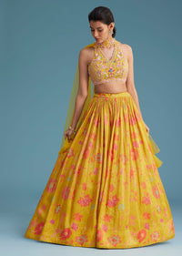 Yellow Tissue Silk Lehenga Set With Floral Print And Embroidery