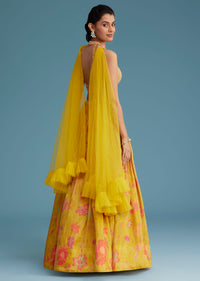 Yellow Tissue Silk Lehenga Set With Floral Print And Embroidery