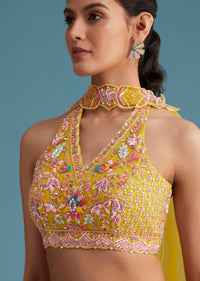 Yellow Tissue Silk Lehenga Set With Floral Print And Embroidery