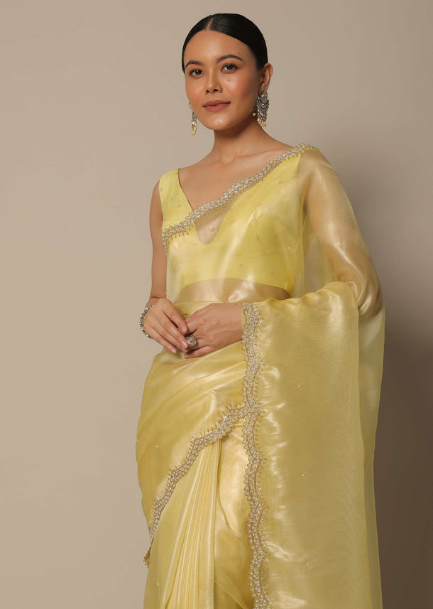 Yellow Tissue Silk Saree With Bead Work And Unstitched Blouse Piece