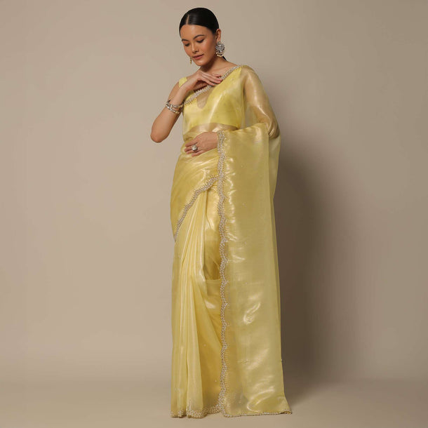 Yellow Tissue Silk Saree With Bead Work And Unstitched Blouse Piece