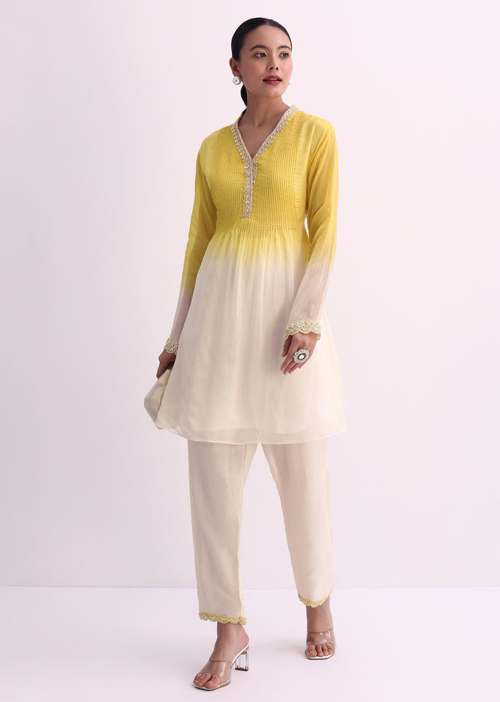 Yellow White Two Toned Embroidered Kurti Pant Set