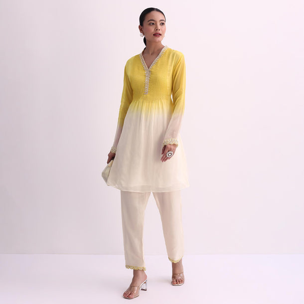 Yellow White Two Toned Embroidered Kurti Pant Set