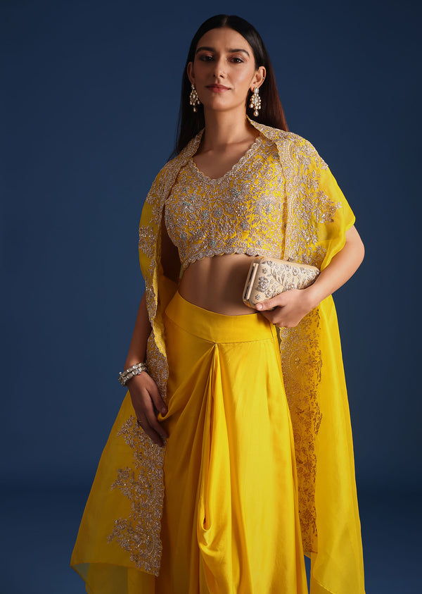 Yellow Zardozi Work Crop Top With Jacket And Skirt