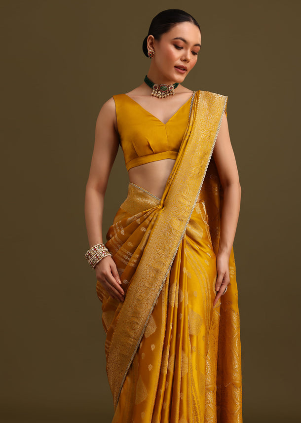 Yellow Zari Weave Saree With Unstitched Blouse