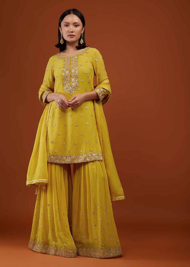 Daffodil Yellow Sharara Suit In Georgette With Embroidery