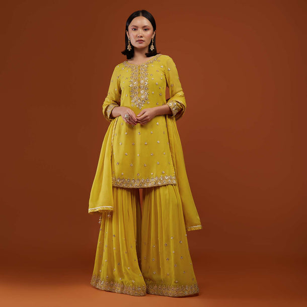 Daffodil Yellow Sharara Suit In Georgette With Embroidery