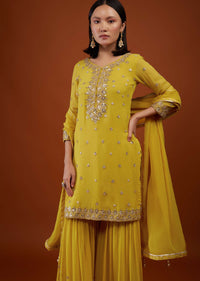 Daffodil Yellow Sharara Suit In Georgette With Embroidery