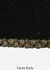 Zed black saree features in chiffon with leaf motif border only on Kalki