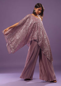 Lilac Purple Palazzo Top Set In Sequins And Pleated Satin