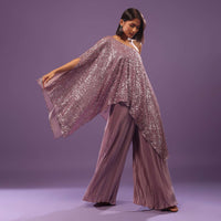 Lilac Purple Palazzo Top Set In Sequins And Pleated Satin