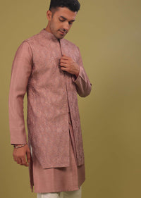 Rusty Pink Embroidered Bandi Jacket Set In Art Silk