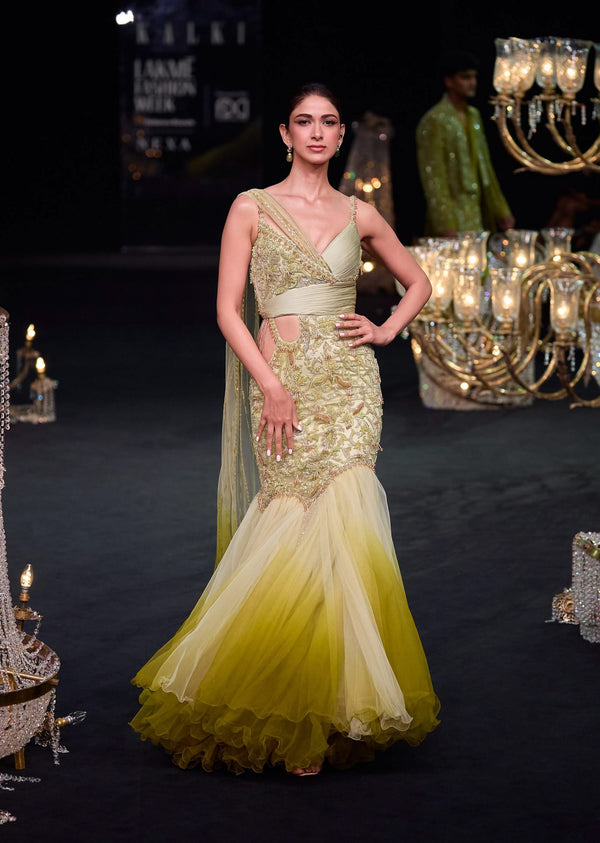 Citrus Green Ombre Fishcut Zardozi Gown Saree