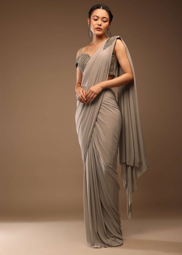 Zinc Grey Ready-Pleated Saree And A Cold Shoulder Top In Stones Embellishment