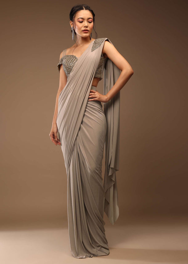 Zinc Grey Ready-Pleated Saree And A Cold Shoulder Top In Stones Embellishment